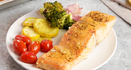 honey mustard salmon with rainbow veggies recipe