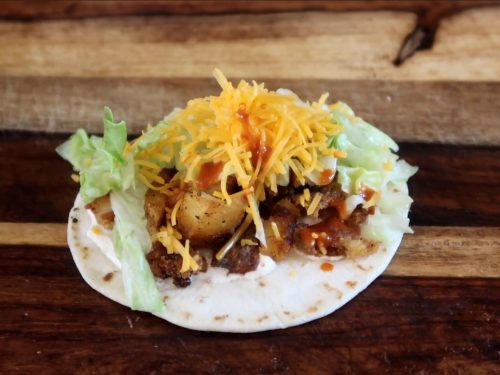 Spicy Potato Soft Taco Recipe (Taco Bell Copycat), homemade spicy potato soft taco from Taco Bell, spicy potato soft taco filled with seasoned potatoes, cheese, lettuce, and chipotle sauce
