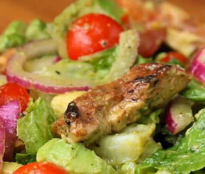 grilled chicken, avocado & tomato salad with honey-lime cilantro vinaigrette recipe