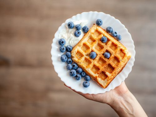 Blueberry Waffles Recipe, golden brown waffles with blueberries