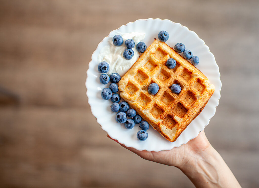 Blueberry Waffles Recipe, golden brown waffles with blueberries