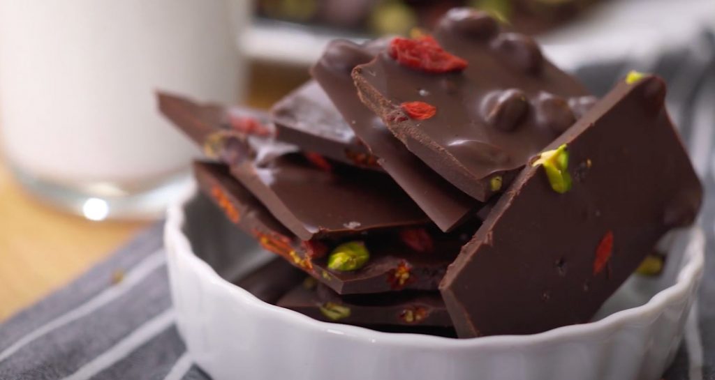 Dark Chocolate Bark with Pistachios, Sweetened Dried Cherries, and Pumpkin Seeds Recipe
