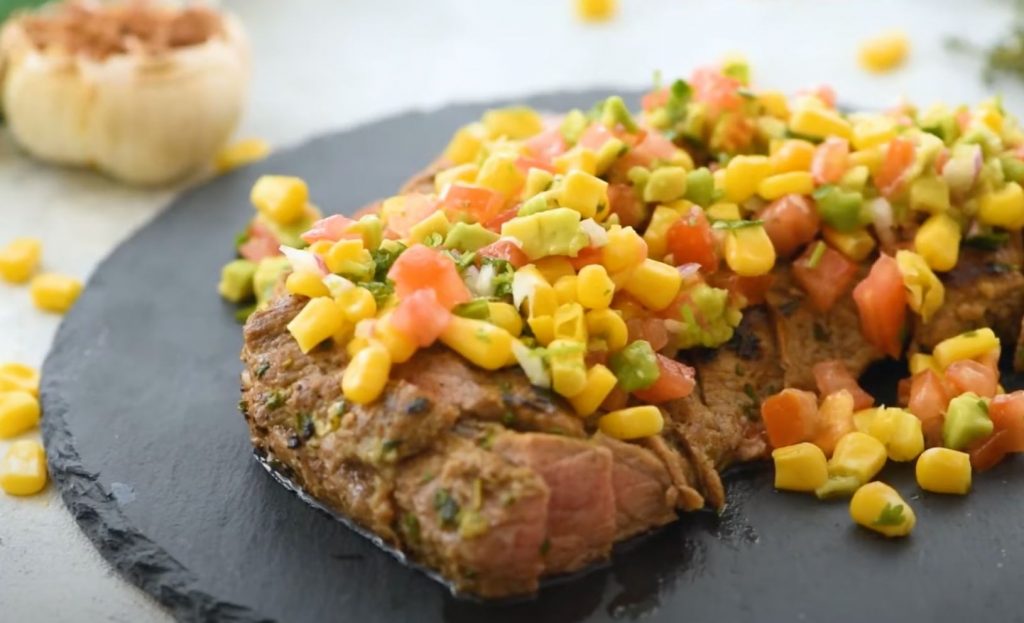 Grilled Garlic Herb Flank Steak with Avocado Corn Salsa Recipe