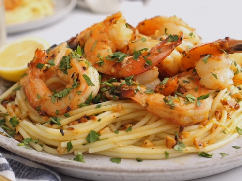 shrimp scampi pasta with parmesan & peas recipe