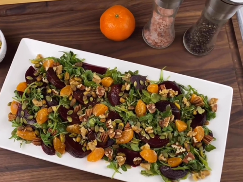 simple beet, arugula, and feta salad with balsamic thyme dressing recipe
