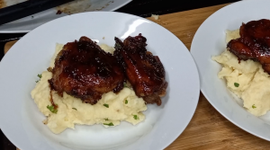 whiskey-glazed chicken and shrimp with garlic mashed potatoes recipe