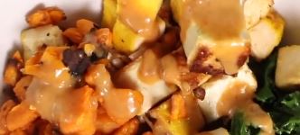 spicy thai peanut sauce over roasted sweet potatoes and rice recipe