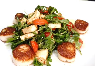 grilled scallops over mixed-green and herb salad recipe