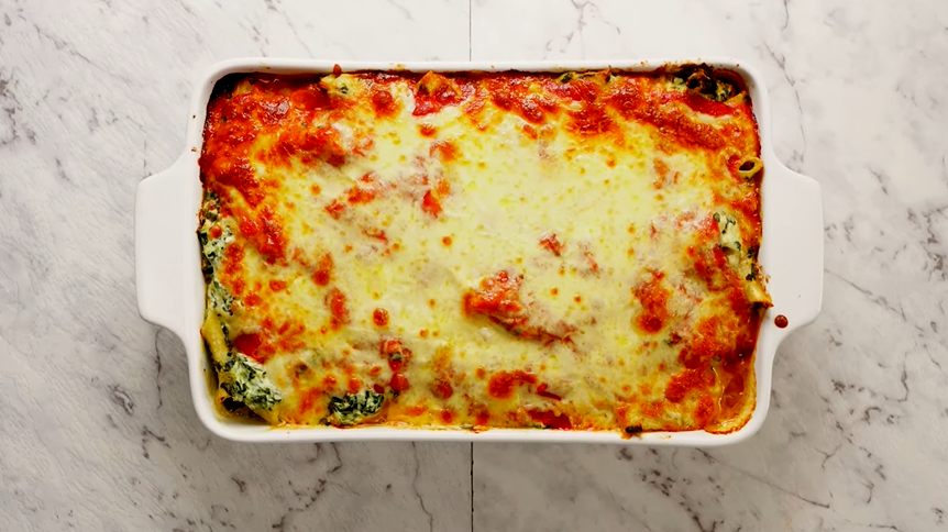 baked rigatoni with spinach, ricotta, and fontina recipe