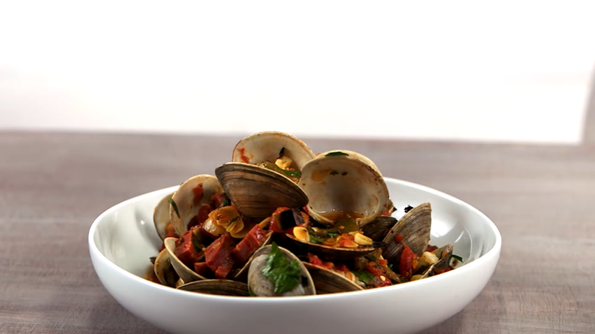 brothy clams with chorizo, tomatoes, and grilled bread recipe