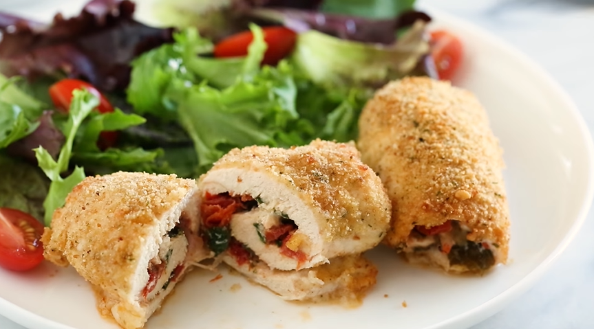 chicken rollatini with sun dried tomato bruschetta, mozzarella and spinach recipe