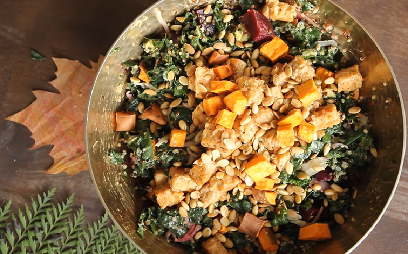 fall harvest buddha bowl with kale and pesto dressing recipe