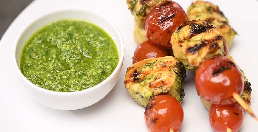 grilled pesto chicken with tomato kebabs recipe