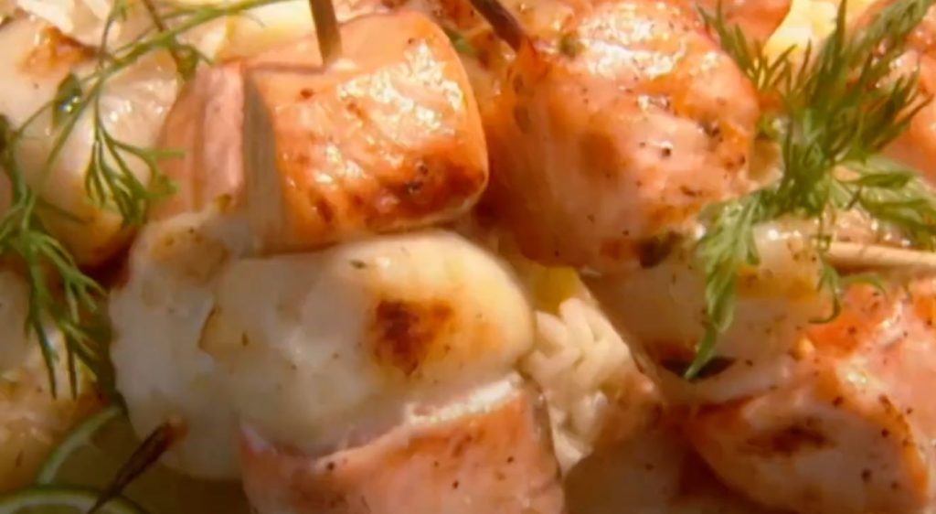 Salmon and Scallop Kabobs with Romesco Sauce Recipe