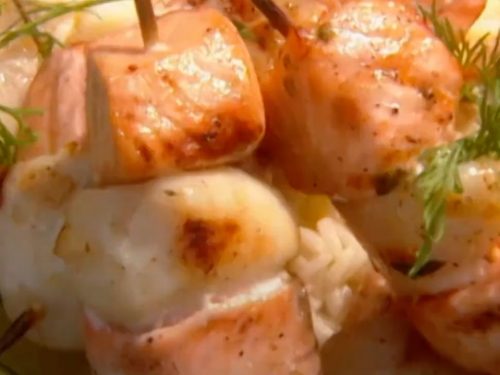 Salmon and Scallop Kabobs with Romesco Sauce Recipe