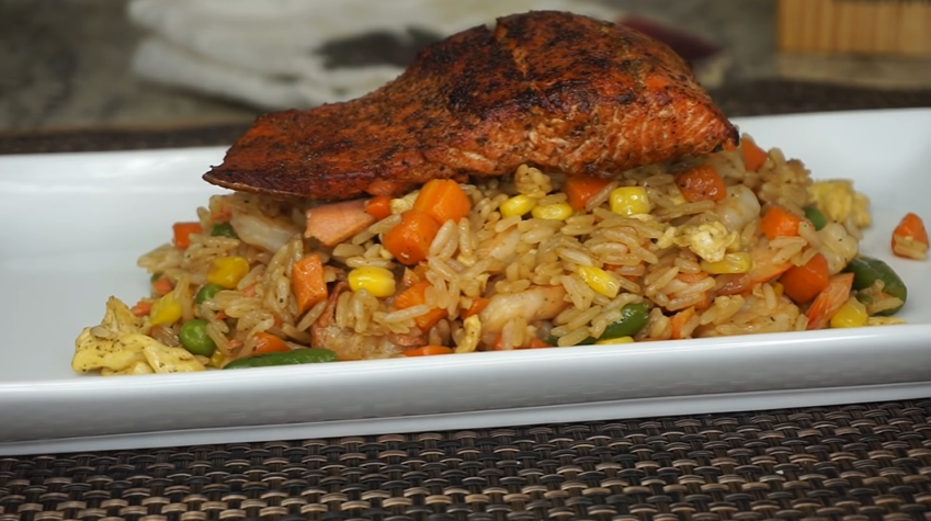 seared salmon with prawn fried rice recipe