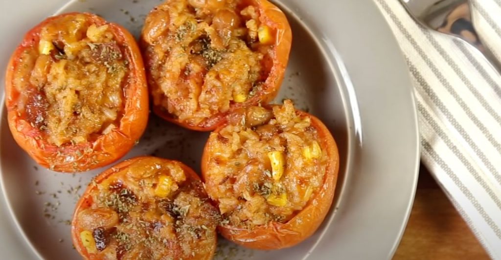 Stuffed Tomatoes with Peaches, Corn, Cucumbers, and Basil Recipe