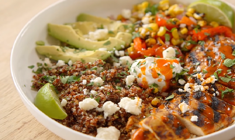 zucchini corn and quinoa bowls with grilled chicken and lemon recipe