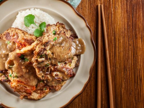 Egg Foo Young with Gravy Recipe, delicious Chinese egg omelette packed with fresh vegetables and chicken meat